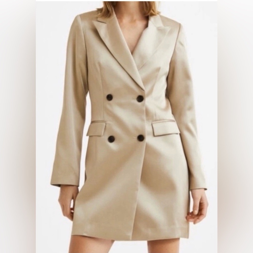 H&M Women Blazer Dress Large Champagne Satin Double Breasted Conscious Choice